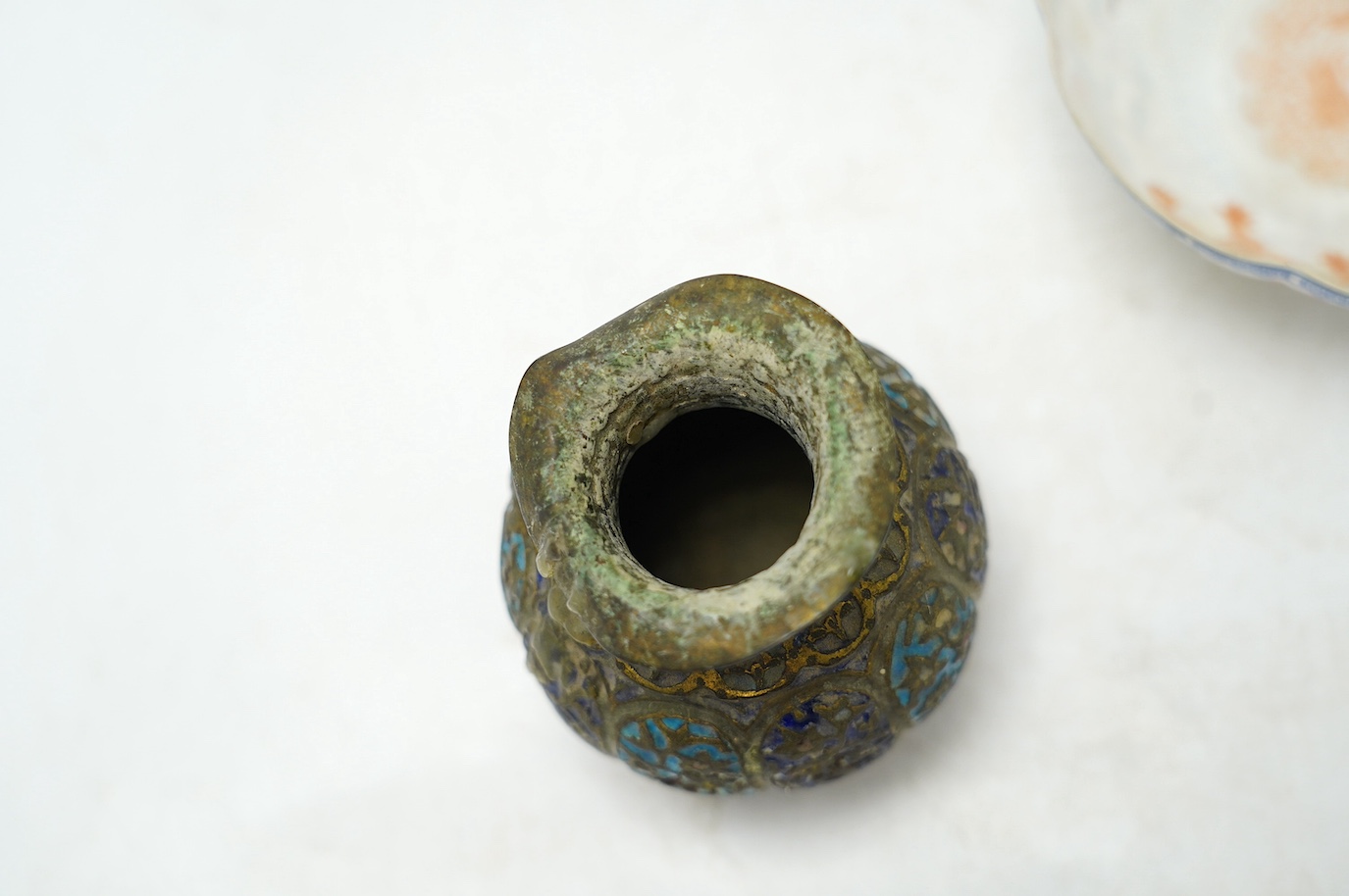 An early 20th century Chinese eggshell porcelain bowl and an enamelled bronze vase, tallest 9cm. Condition - poor
